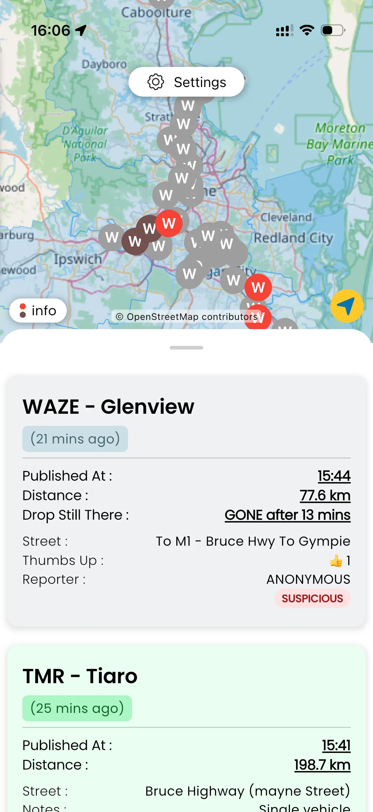 R.LERTS app main page showing real-time accident alerts